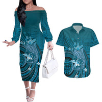 Samoa Tatau Marlin Couples Matching Off The Shoulder Long Sleeve Dress and Hawaiian Shirt With Siapo Motifs Teal LT05 Teal - Polynesian Pride
