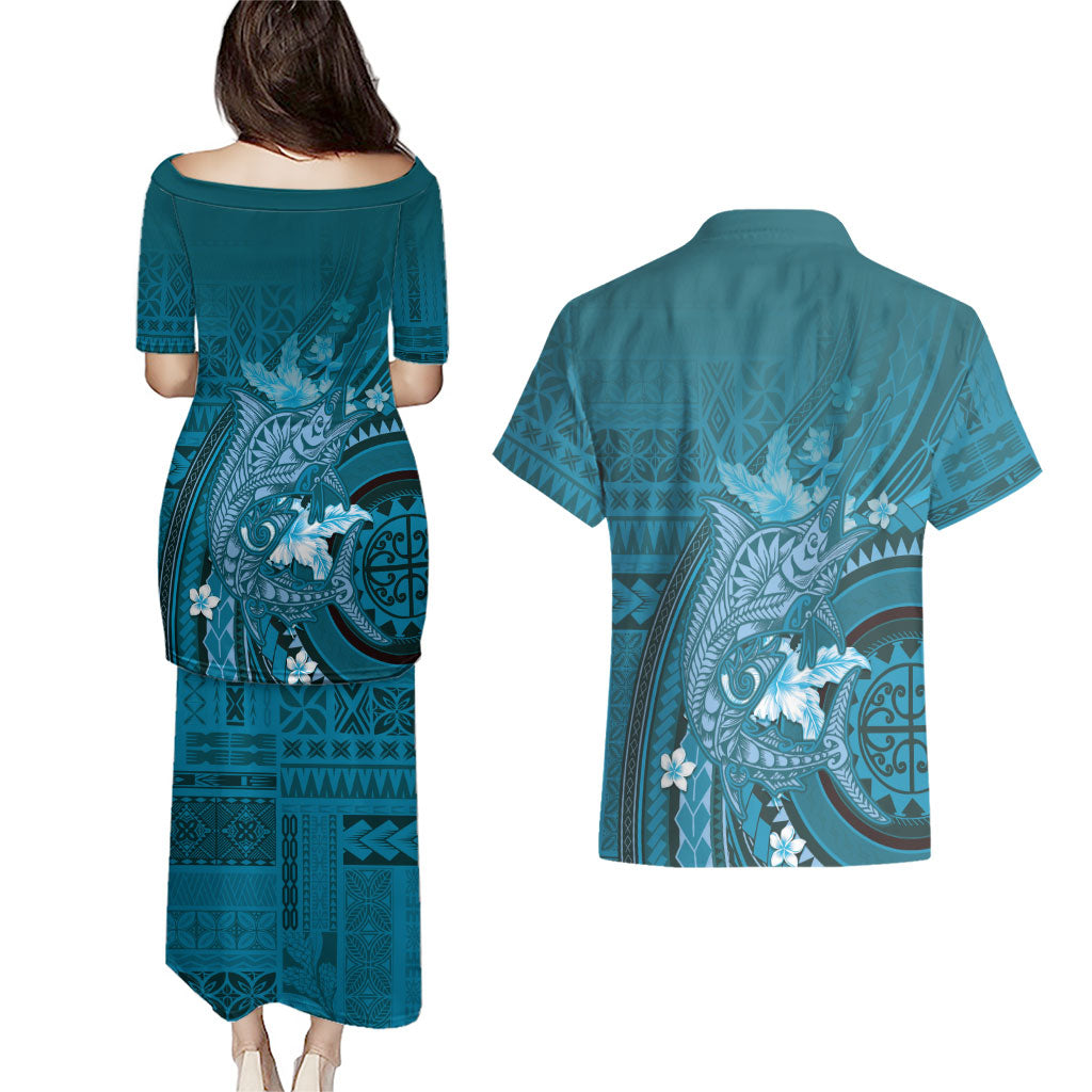 Samoa Tatau Marlin Couples Matching Puletasi and Hawaiian Shirt With Siapo Motifs Teal