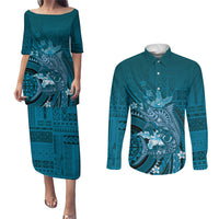 Samoa Tatau Marlin Couples Matching Puletasi and Long Sleeve Button Shirt With Siapo Motifs Teal