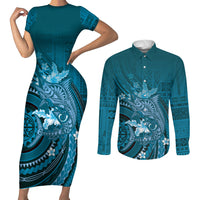 Samoa Tatau Marlin Couples Matching Short Sleeve Bodycon Dress and Long Sleeve Button Shirt With Siapo Motifs Teal LT05 Teal - Polynesian Pride