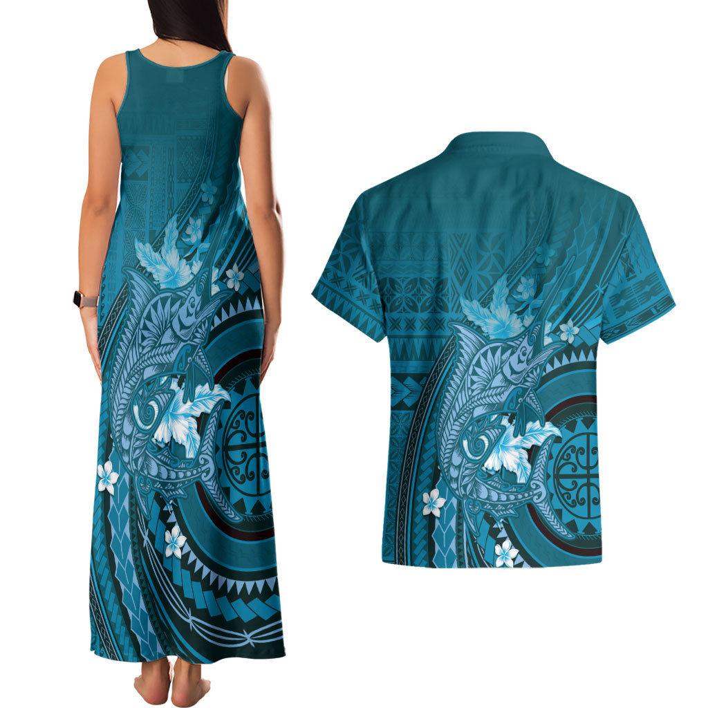 Samoa Tatau Marlin Couples Matching Tank Maxi Dress and Hawaiian Shirt With Siapo Motifs Teal LT05 - Polynesian Pride