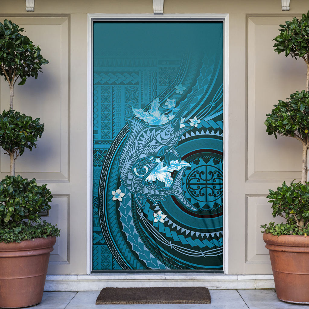 Samoa Tatau Marlin Door Cover With Siapo Motifs Teal LT05 Teal - Polynesian Pride