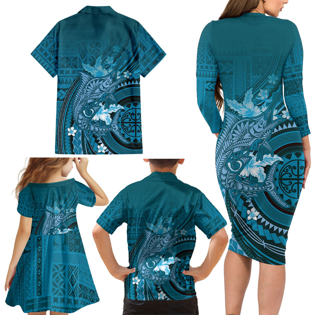 Samoa Tatau Marlin Family Matching Long Sleeve Bodycon Dress and Hawaiian Shirt With Siapo Motifs Teal LT05 - Polynesian Pride