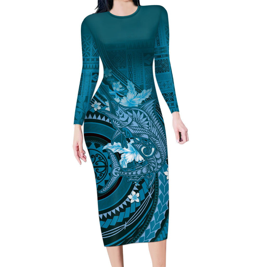 Samoa Tatau Marlin Family Matching Long Sleeve Bodycon Dress and Hawaiian Shirt With Siapo Motifs Teal LT05 Mom's Dress Teal - Polynesian Pride