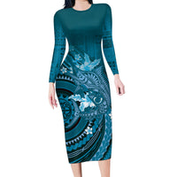 Samoa Tatau Marlin Family Matching Long Sleeve Bodycon Dress and Hawaiian Shirt With Siapo Motifs Teal LT05 Mom's Dress Teal - Polynesian Pride