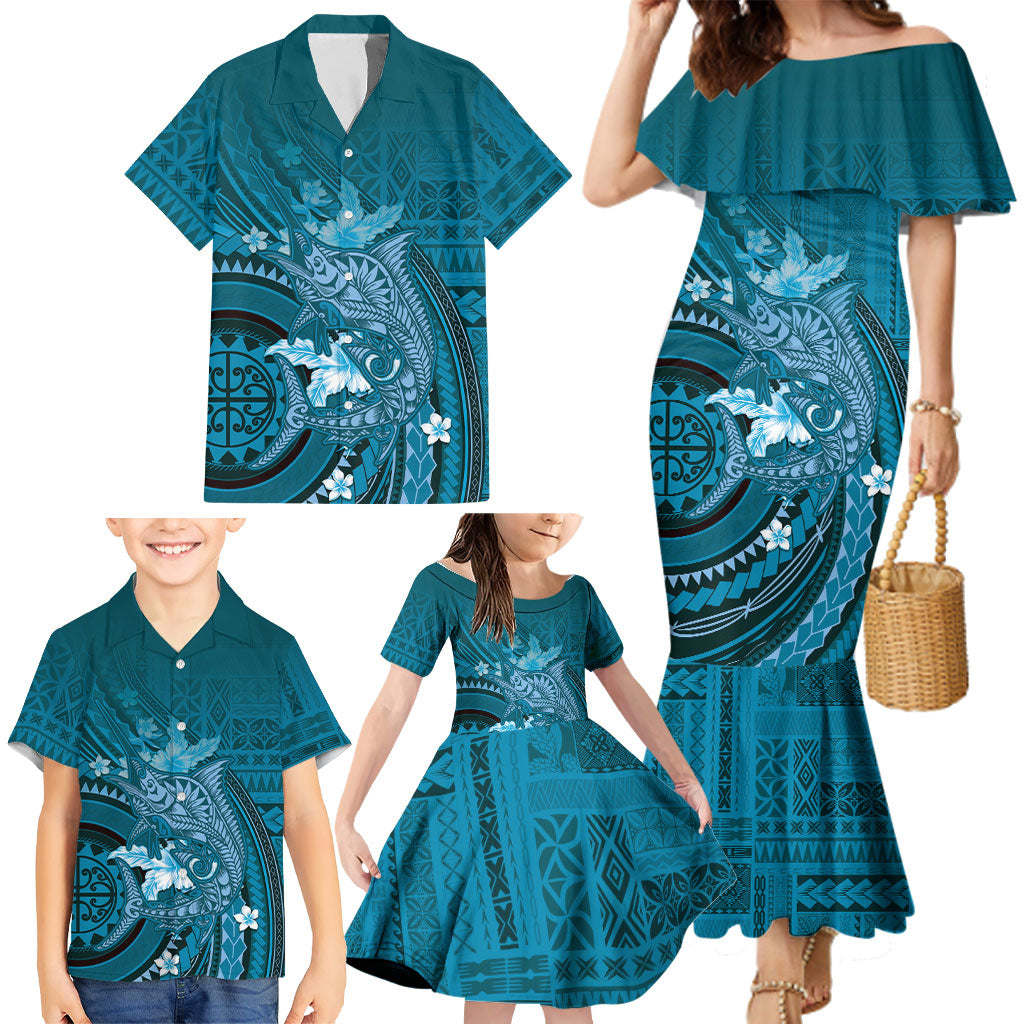 Samoa Tatau Marlin Family Matching Mermaid Dress and Hawaiian Shirt With Siapo Motifs Teal LT05 - Polynesian Pride
