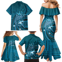 Samoa Tatau Marlin Family Matching Mermaid Dress and Hawaiian Shirt With Siapo Motifs Teal LT05 - Polynesian Pride