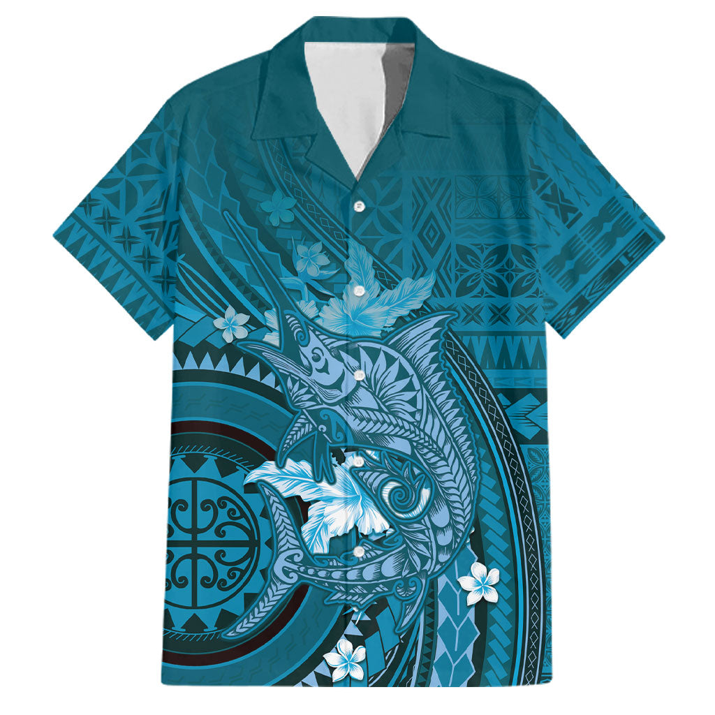 Samoa Tatau Marlin Family Matching Off The Shoulder Long Sleeve Dress and Hawaiian Shirt With Siapo Motifs Teal LT05 Dad's Shirt - Short Sleeve Teal - Polynesian Pride