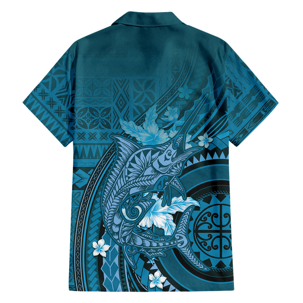 Samoa Tatau Marlin Family Matching Off The Shoulder Long Sleeve Dress and Hawaiian Shirt With Siapo Motifs Teal LT05 - Polynesian Pride