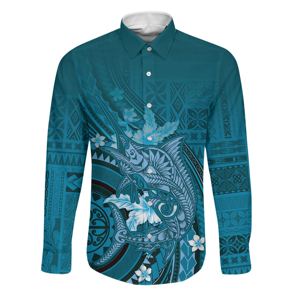 Samoa Tatau Marlin Family Matching Off The Shoulder Long Sleeve Dress and Hawaiian Shirt With Siapo Motifs Teal LT05 Dad's Shirt - Long Sleeve Teal - Polynesian Pride