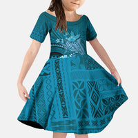 Samoa Tatau Marlin Family Matching Off Shoulder Maxi Dress and Hawaiian Shirt With Siapo Motifs Teal LT05 Daughter's Dress Teal - Polynesian Pride
