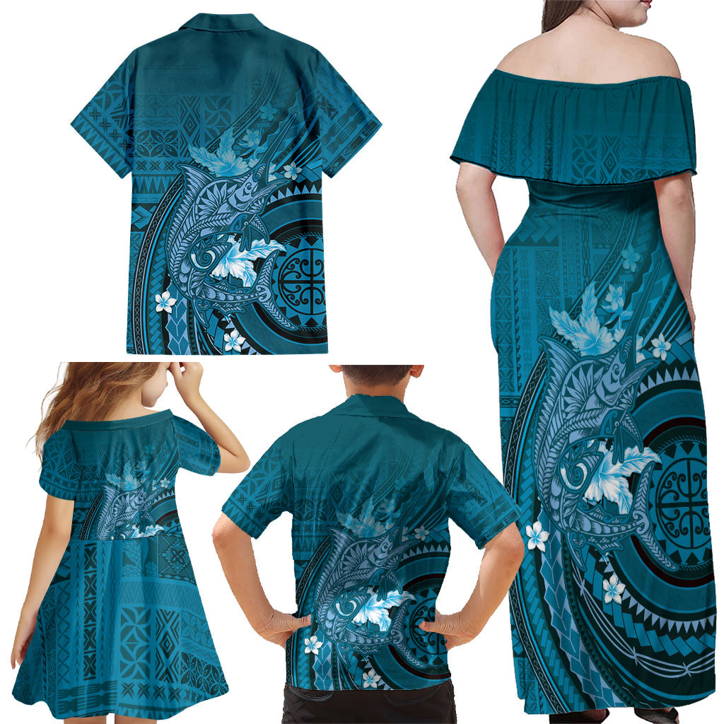 Samoa Tatau Marlin Family Matching Off Shoulder Maxi Dress and Hawaiian Shirt With Siapo Motifs Teal LT05 - Polynesian Pride