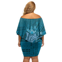 Samoa Tatau Marlin Family Matching Off Shoulder Short Dress and Hawaiian Shirt With Siapo Motifs Teal LT05 - Polynesian Pride