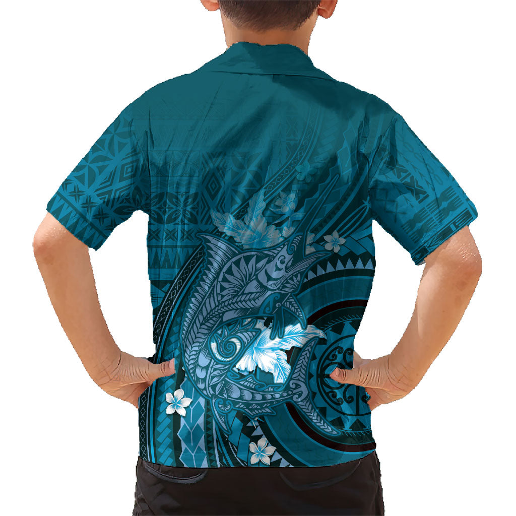 Samoa Tatau Marlin Family Matching Summer Maxi Dress and Hawaiian Shirt With Siapo Motifs Teal LT05 - Polynesian Pride
