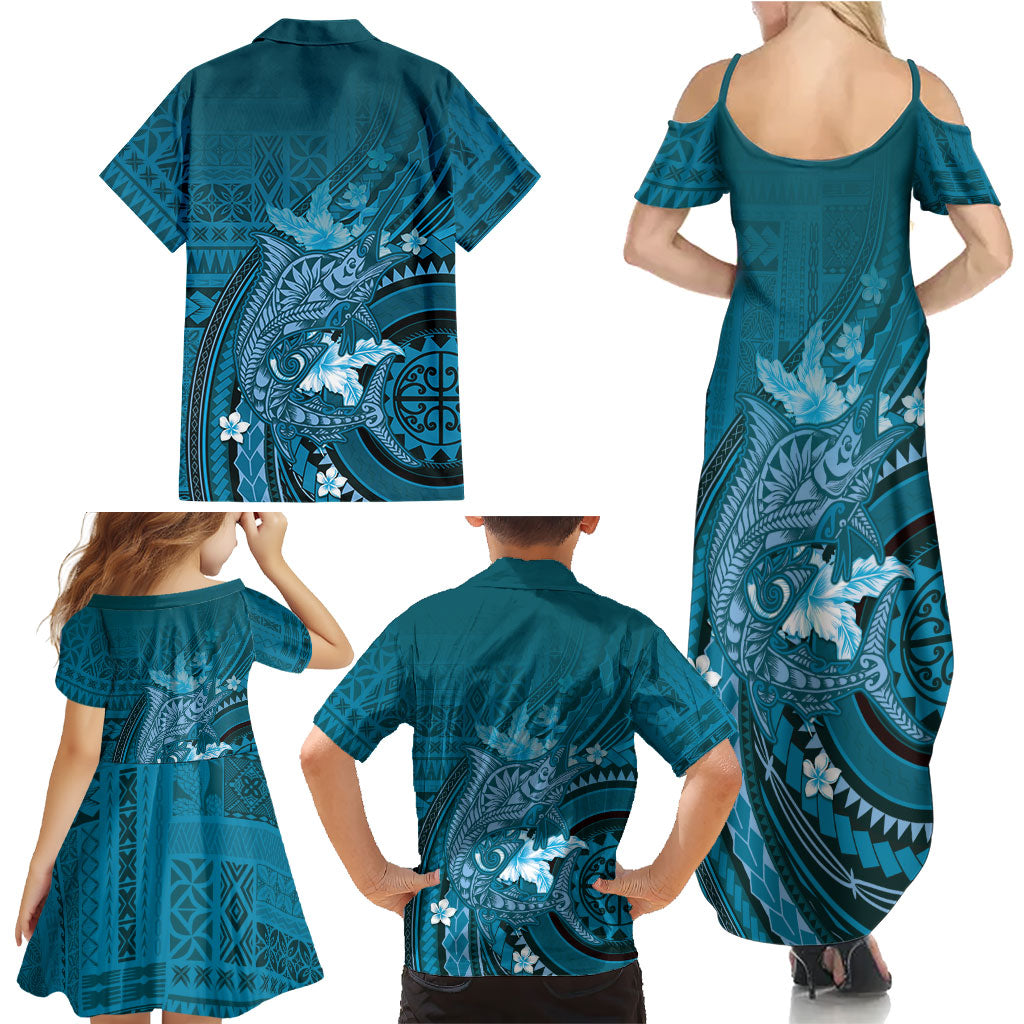 Samoa Tatau Marlin Family Matching Summer Maxi Dress and Hawaiian Shirt With Siapo Motifs Teal LT05 - Polynesian Pride