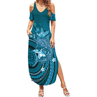 Samoa Tatau Marlin Family Matching Summer Maxi Dress and Hawaiian Shirt With Siapo Motifs Teal LT05 Mom's Dress Teal - Polynesian Pride