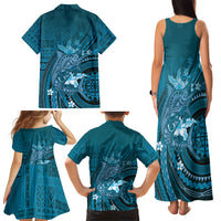 Samoa Tatau Marlin Family Matching Tank Maxi Dress and Hawaiian Shirt With Siapo Motifs Teal LT05 - Polynesian Pride