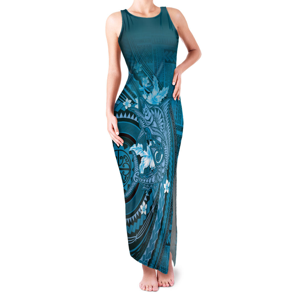 Samoa Tatau Marlin Family Matching Tank Maxi Dress and Hawaiian Shirt With Siapo Motifs Teal LT05 Mom's Dress Teal - Polynesian Pride