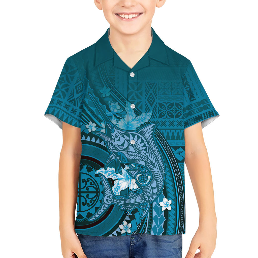 Samoa Tatau Marlin Family Matching Tank Maxi Dress and Hawaiian Shirt With Siapo Motifs Teal LT05 Son's Shirt Teal - Polynesian Pride