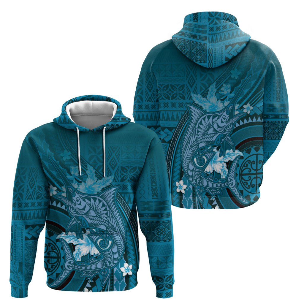 Samoa Tatau Marlin Hoodie With Siapo Motifs Teal LT05 - Polynesian Pride
