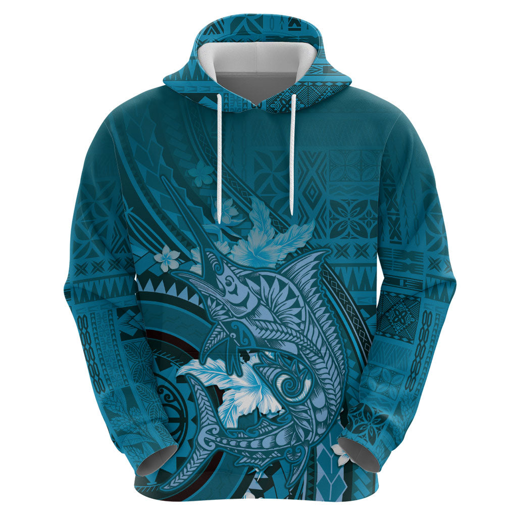 Samoa Tatau Marlin Hoodie With Siapo Motifs Teal LT05 - Polynesian Pride