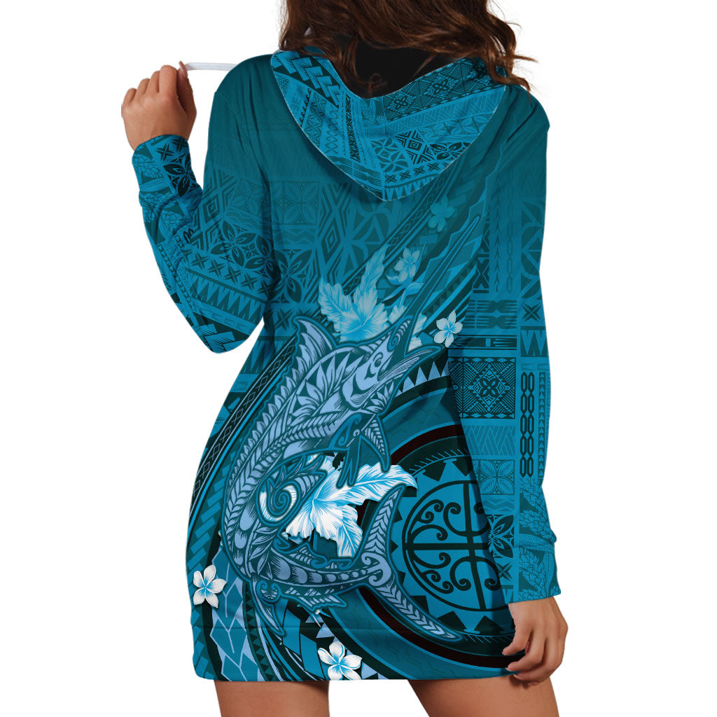 Samoa Tatau Marlin Hoodie Dress With Siapo Motifs Teal