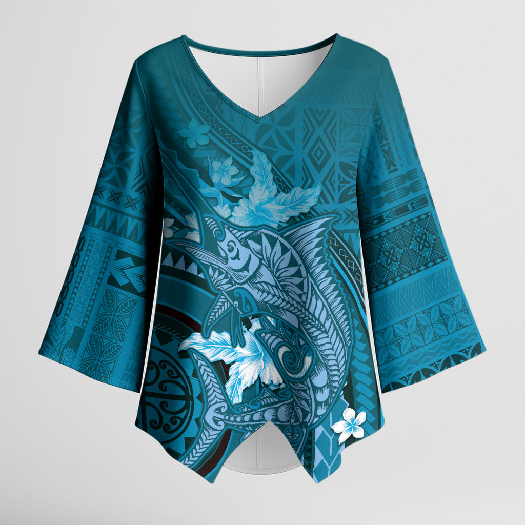 Samoa Tatau Marlin Kimono Sleeve Blouse With Siapo Motifs Teal