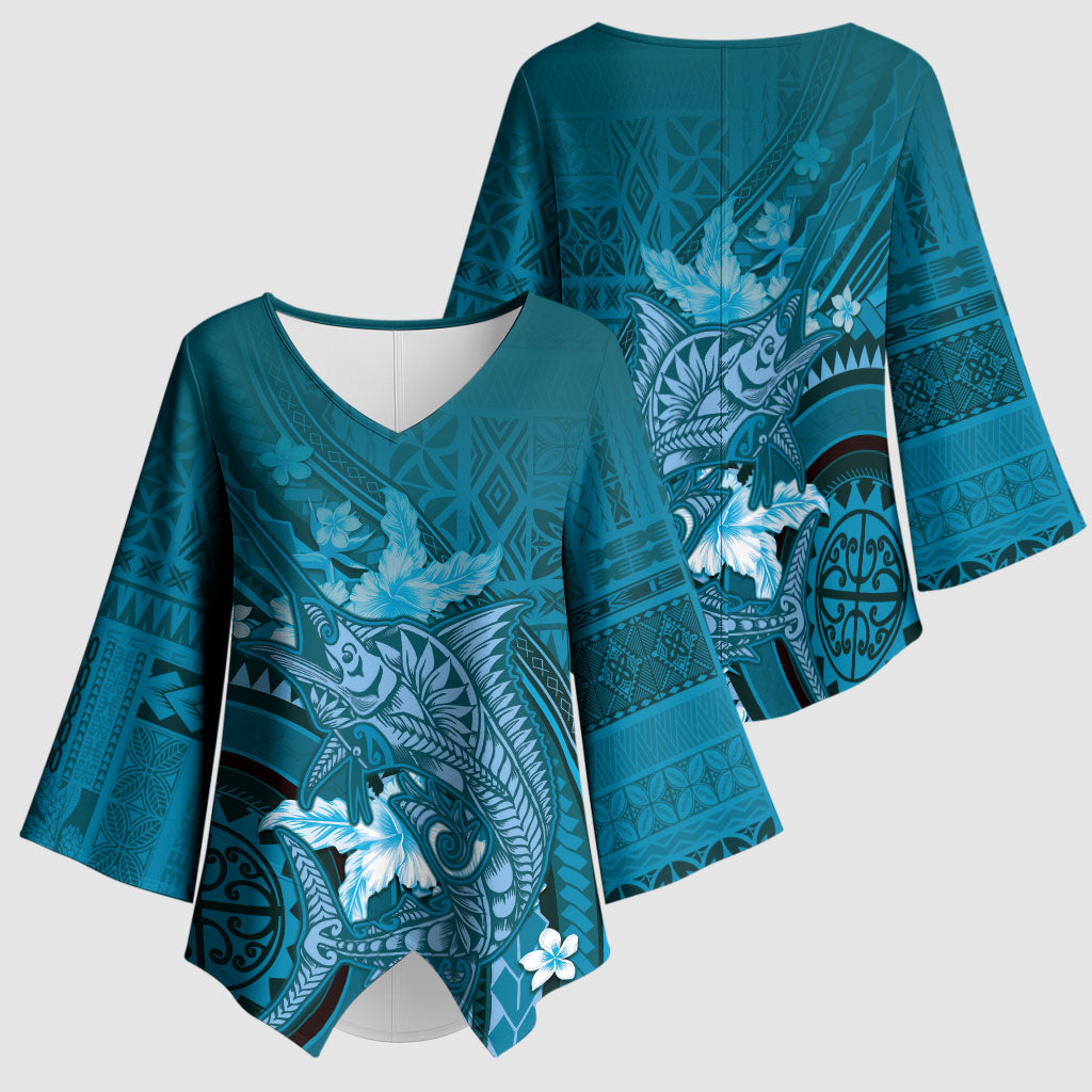 Samoa Tatau Marlin Kimono Sleeve Blouse With Siapo Motifs Teal