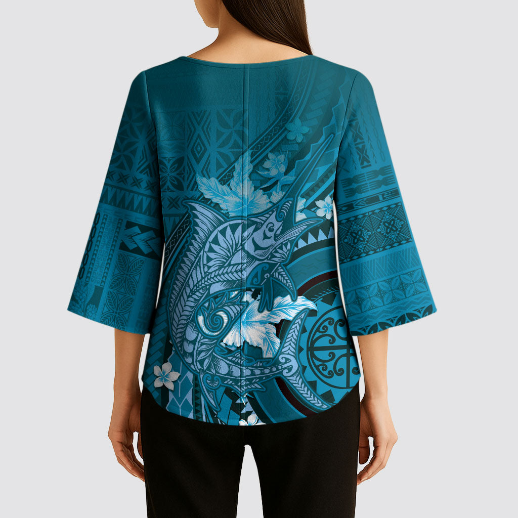 Samoa Tatau Marlin Kimono Sleeve Blouse With Siapo Motifs Teal