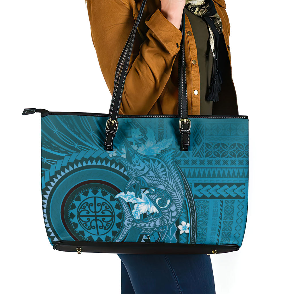 Samoa Tatau Marlin Leather Tote Bag With Siapo Motifs Teal