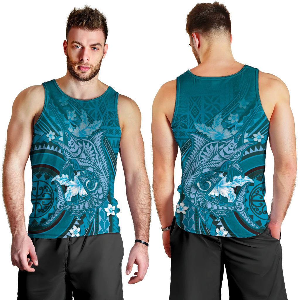 Samoa Tatau Marlin Men Tank Top With Siapo Motifs Teal