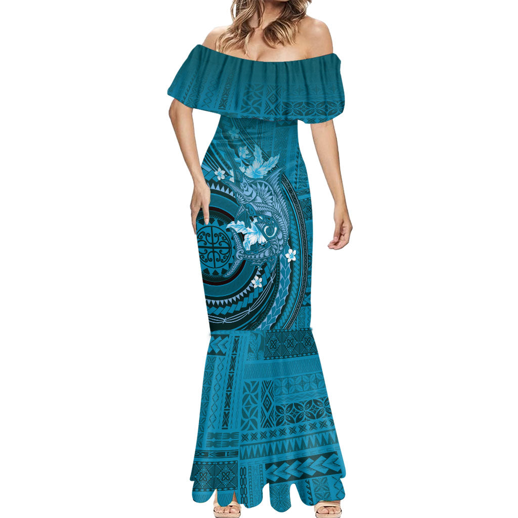 Samoa Tatau Marlin Mermaid Dress With Siapo Motifs Teal