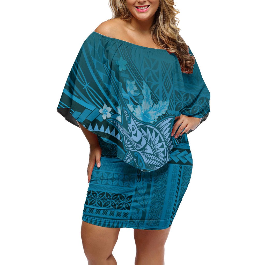 Samoa Tatau Marlin Off Shoulder Short Dress With Siapo Motifs Teal