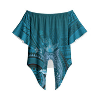 Samoa Tatau Marlin Off Shoulder Wrap Waist Top With Siapo Motifs Teal LT05 Teal - Polynesian Pride