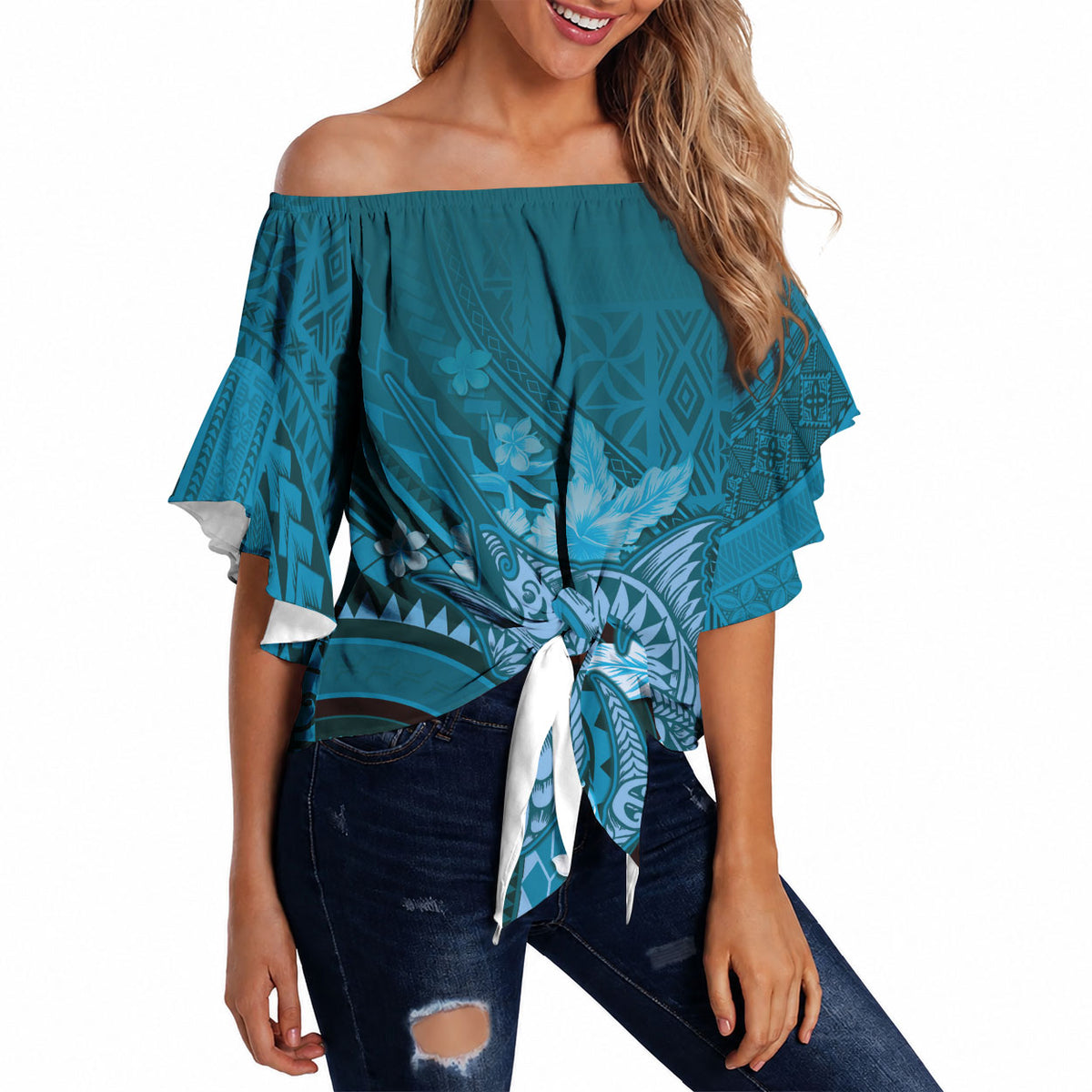 Samoa Tatau Marlin Off Shoulder Wrap Waist Top With Siapo Motifs Teal LT05 - Polynesian Pride