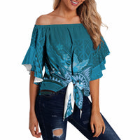 Samoa Tatau Marlin Off Shoulder Wrap Waist Top With Siapo Motifs Teal LT05 - Polynesian Pride