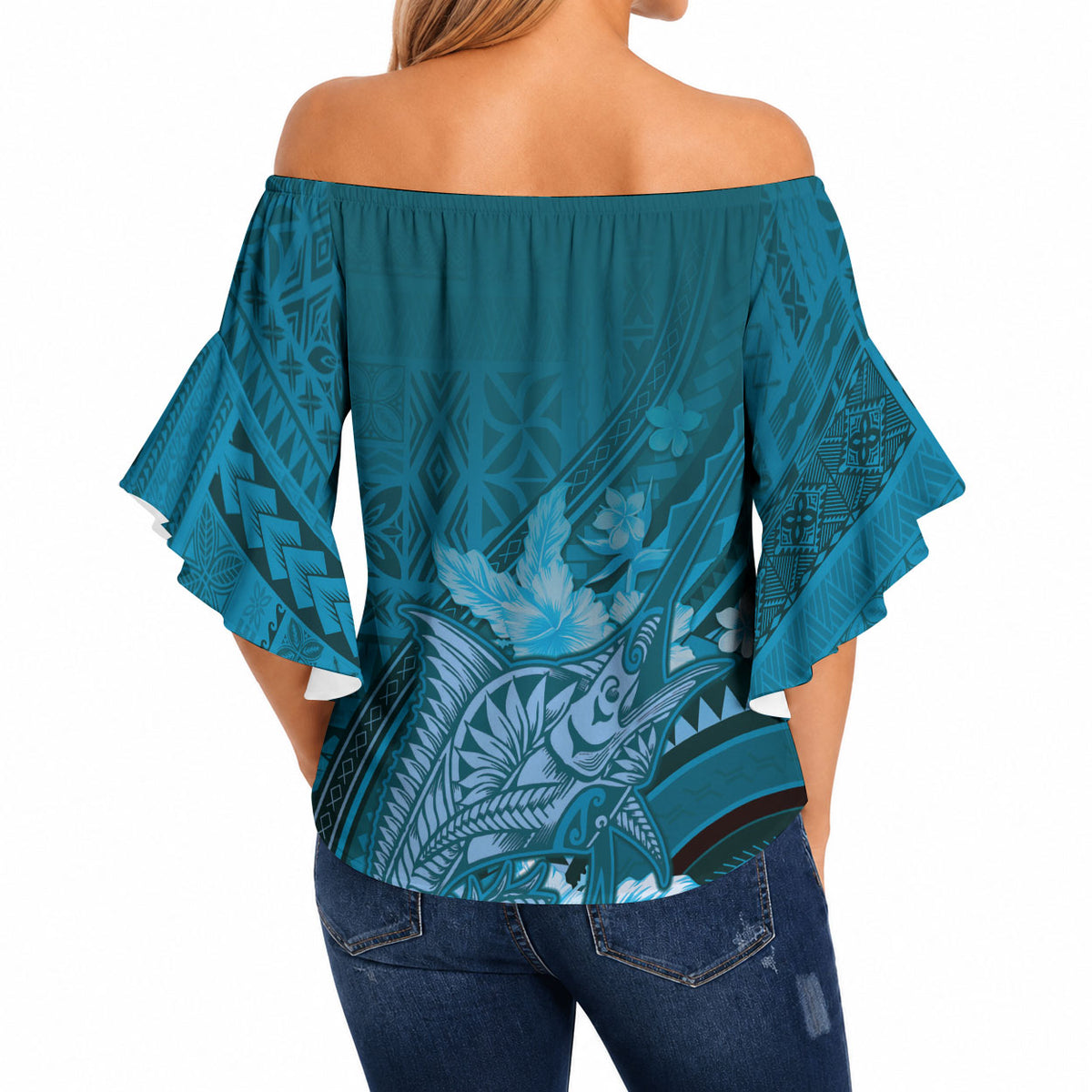 Samoa Tatau Marlin Off Shoulder Wrap Waist Top With Siapo Motifs Teal LT05 - Polynesian Pride