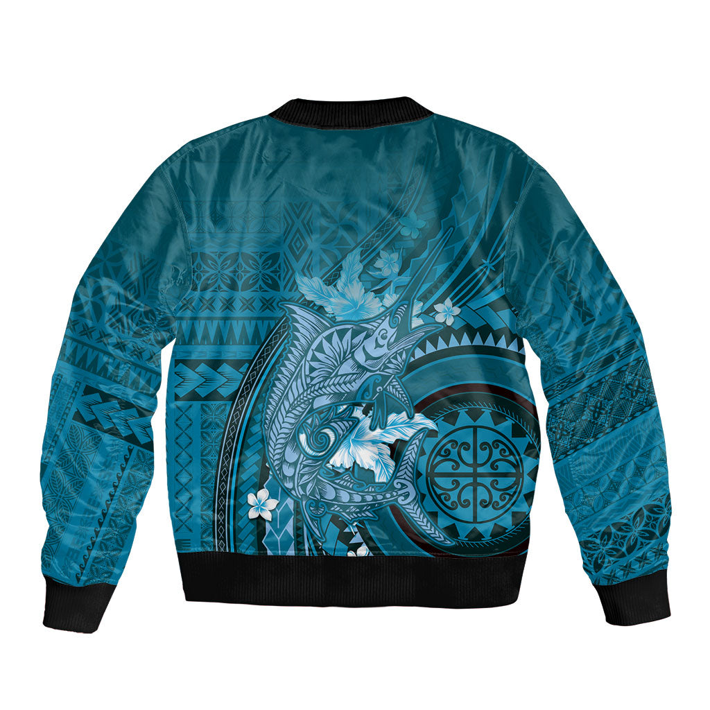 Samoa Tatau Marlin Sleeve Zip Bomber Jacket With Siapo Motifs Teal