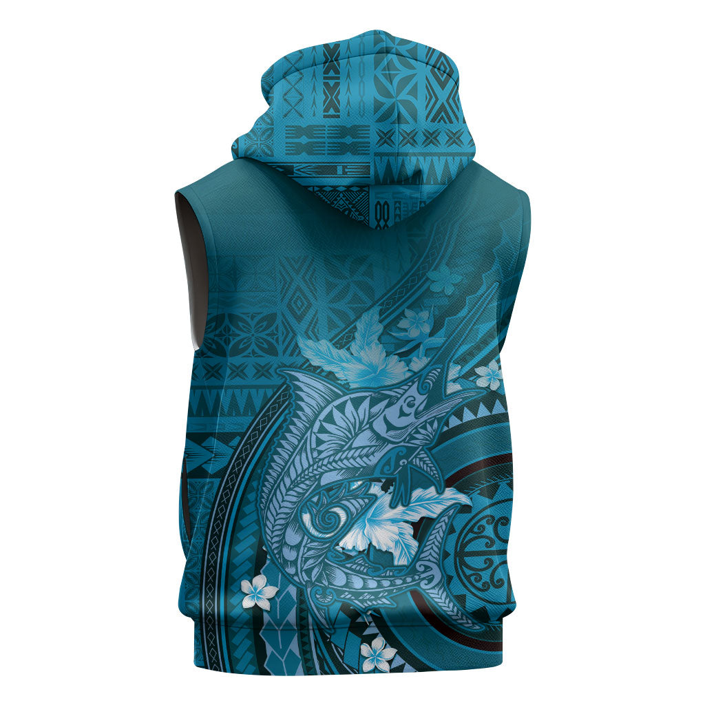 Samoa Tatau Marlin Sleeveless Hoodie With Siapo Motifs Teal