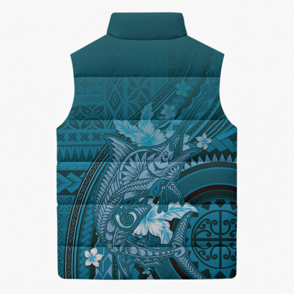 Samoa Tatau Marlin Sleeveless Puffer Jacket With Siapo Motifs Teal