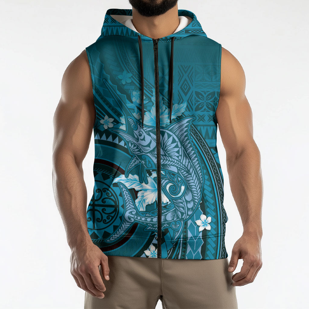 Samoa Tatau Marlin Sleeveless Zip Hoodie With Siapo Motifs Teal