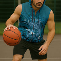 Samoa Tatau Marlin Sleeveless Zip Hoodie With Siapo Motifs Teal
