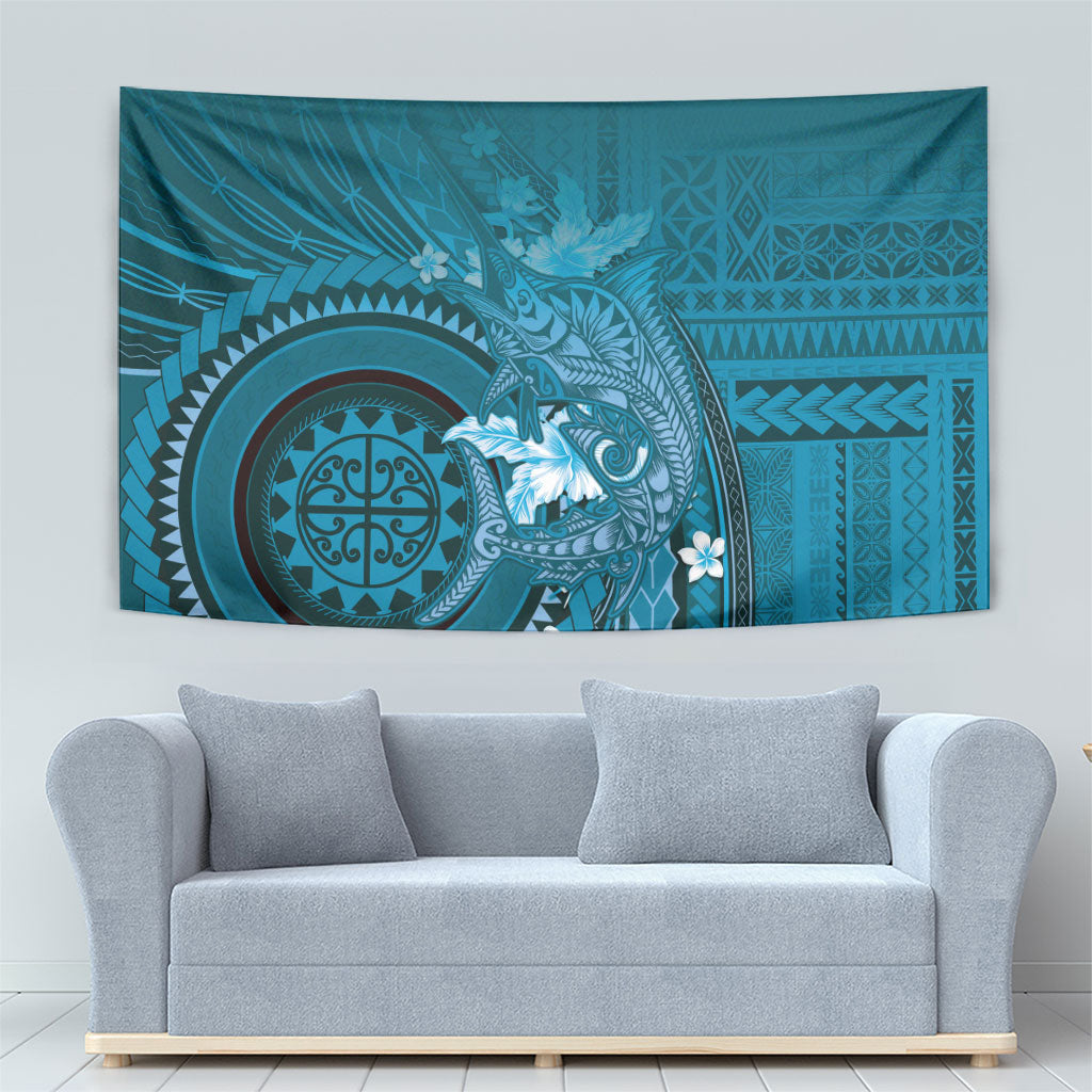Samoa Tatau Marlin Tapestry With Siapo Motifs Teal