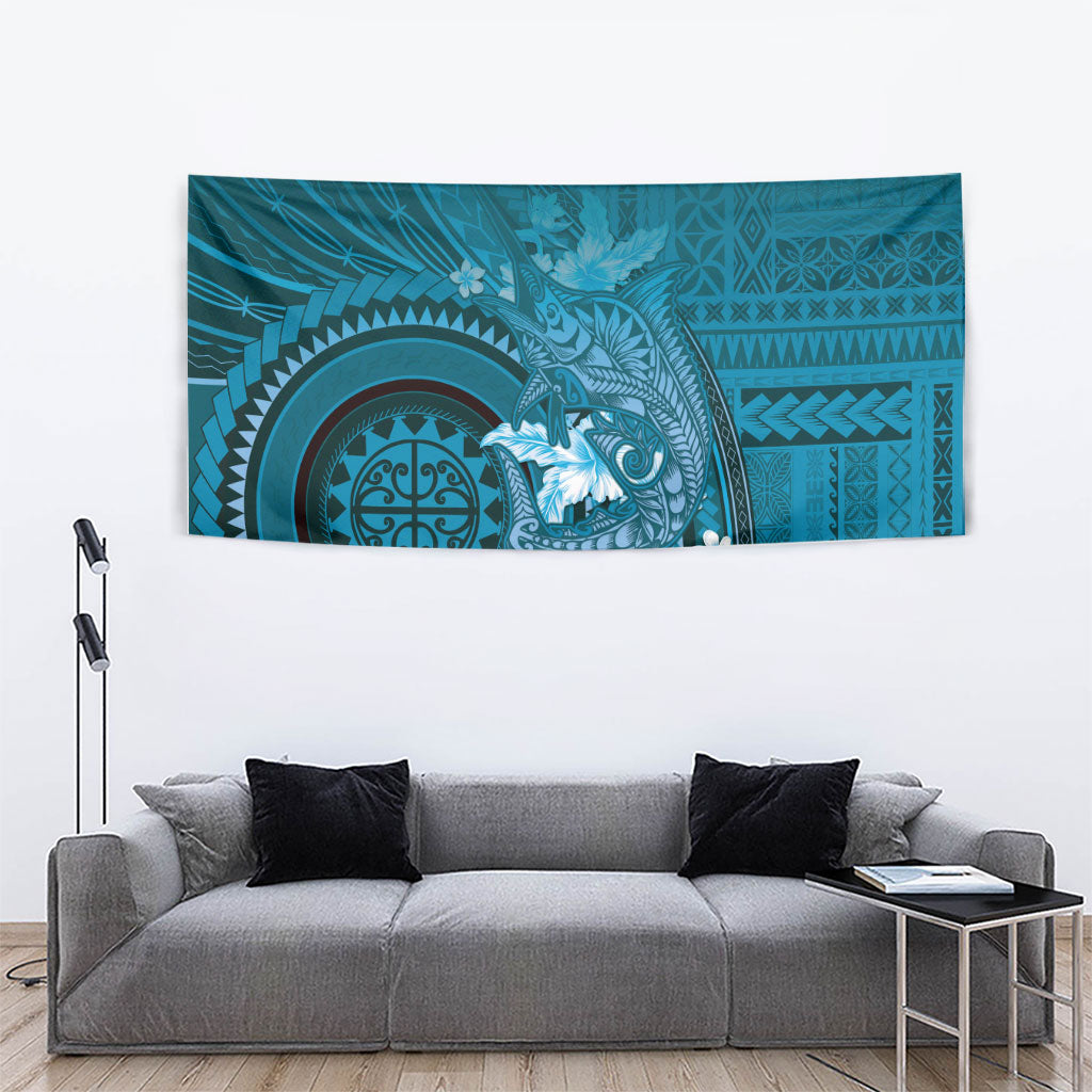 Samoa Tatau Marlin Tapestry With Siapo Motifs Teal