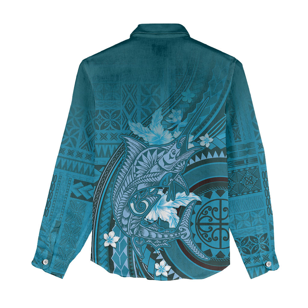 Samoa Tatau Marlin Women Casual Shirt With Siapo Motifs Teal