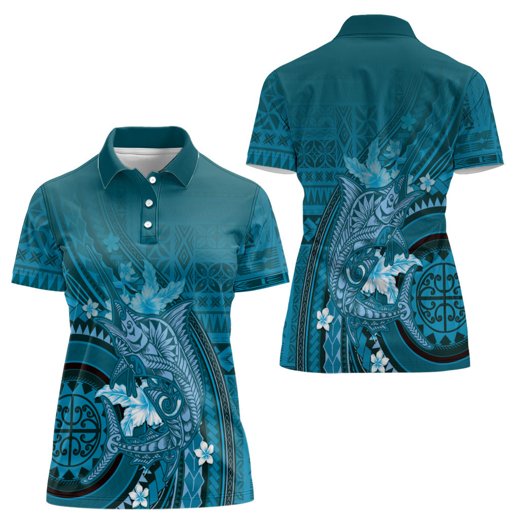Samoa Tatau Marlin Women Polo Shirt With Siapo Motifs Teal LT05 - Polynesian Pride