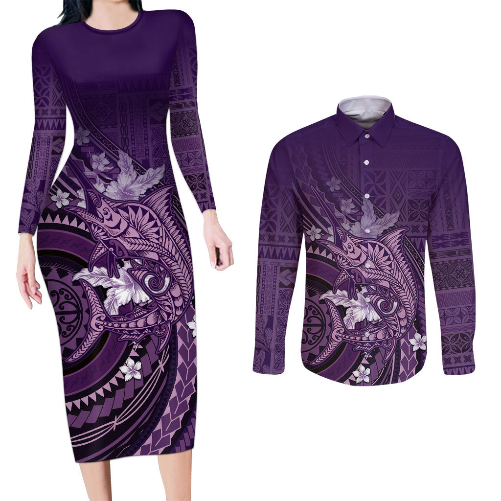 Samoa Tatau Marlin Couples Matching Long Sleeve Bodycon Dress and Long Sleeve Button Shirt With Siapo Motifs Violet LT05 Violet - Polynesian Pride