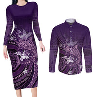 Samoa Tatau Marlin Couples Matching Long Sleeve Bodycon Dress and Long Sleeve Button Shirt With Siapo Motifs Violet LT05 Violet - Polynesian Pride