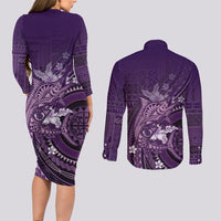 Samoa Tatau Marlin Couples Matching Long Sleeve Bodycon Dress and Long Sleeve Button Shirt With Siapo Motifs Violet LT05 - Polynesian Pride