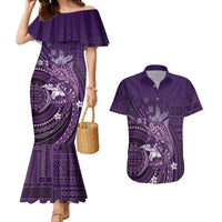 Samoa Tatau Marlin Couples Matching Mermaid Dress and Hawaiian Shirt With Siapo Motifs Violet LT05 Violet - Polynesian Pride